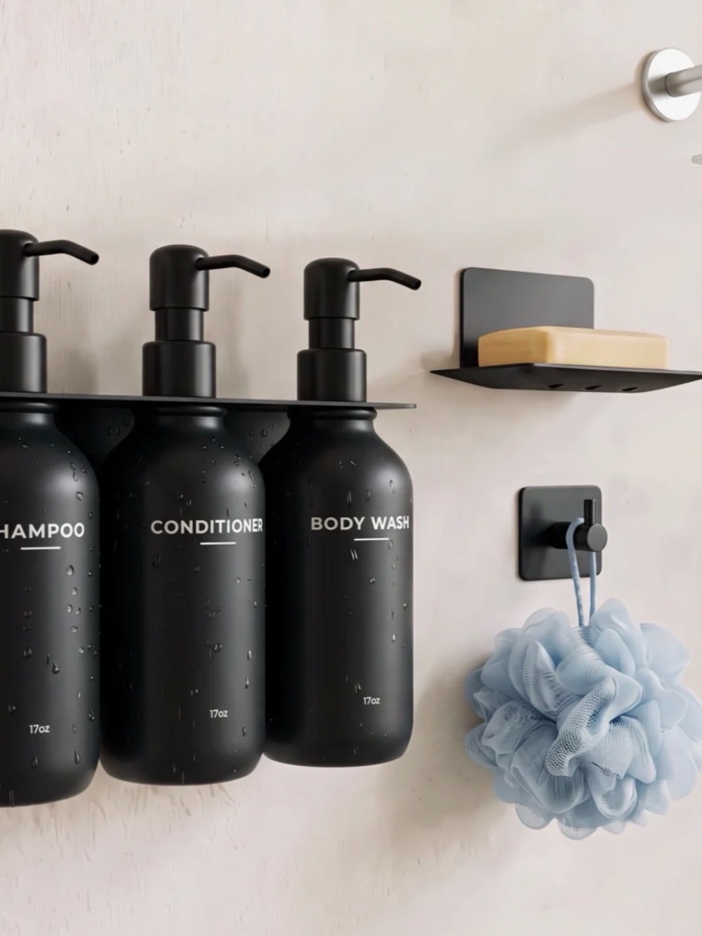 NWT Black Refillable Shampoo, Conditioner & Body Wash Dispenser Set - 3-Pack